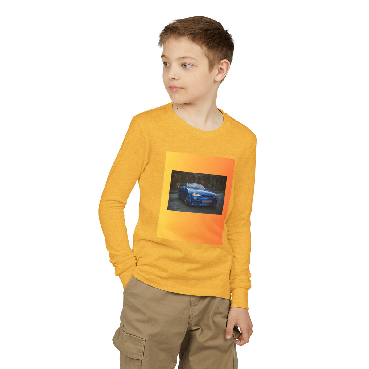 Blue Sports Car Youth Long Sleeve Tee | Racing Print, Gradient Frame