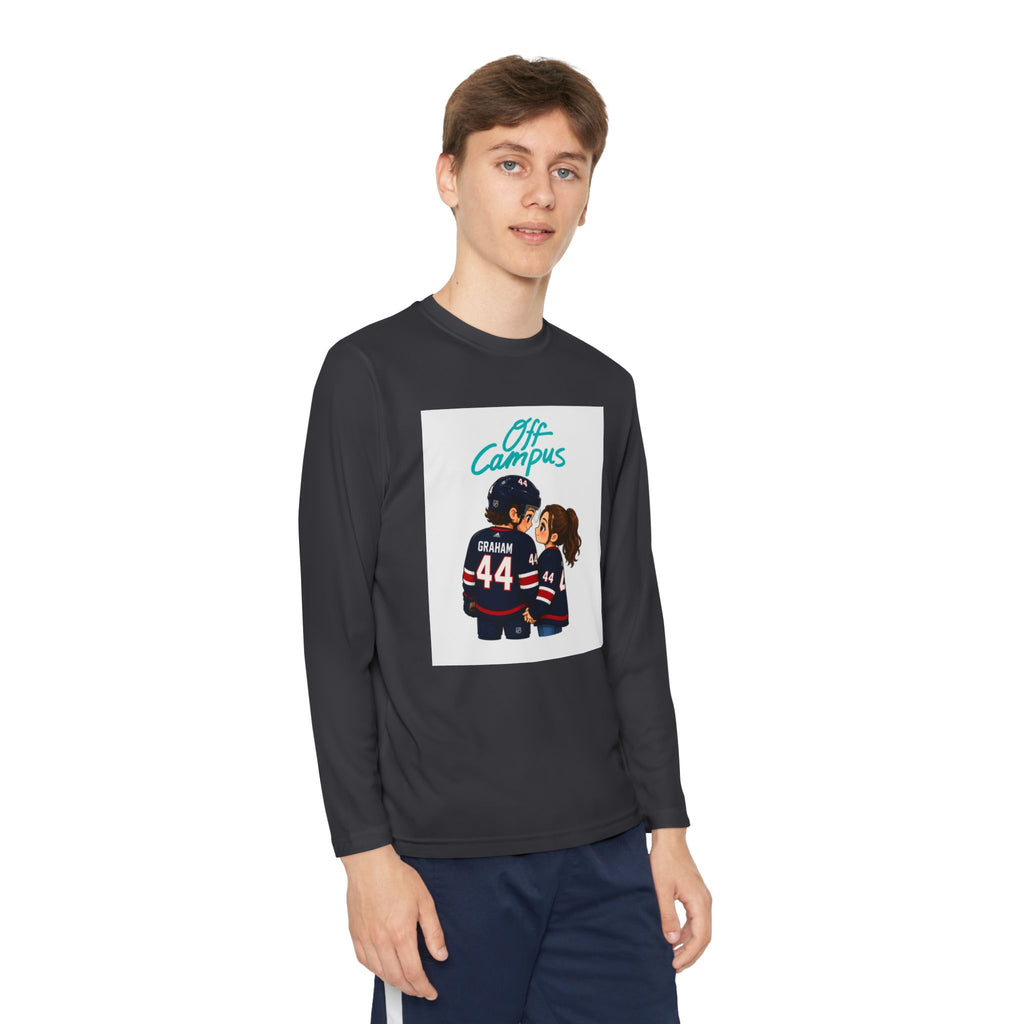 Youth Long Sleeve Tee — 'Off Campus' Hockey Couple Graphic