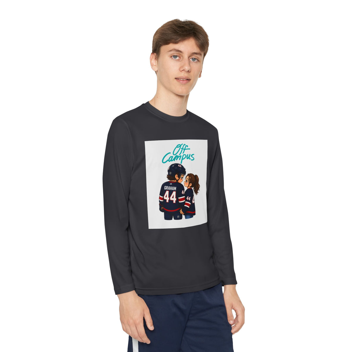 Youth Long Sleeve Tee — 'Off Campus' Hockey Couple Graphic