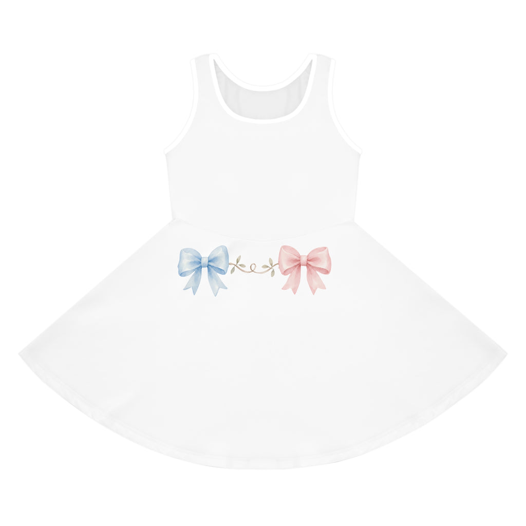 Girls' Sleeveless Sundress with Pink & Blue Bow Waistband — Cute Baby Shower or Gender Reveal Dress