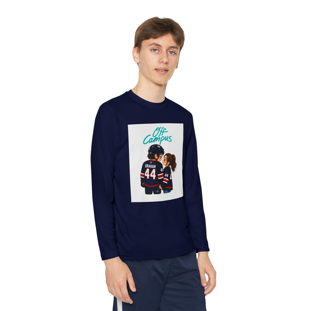 Youth Long Sleeve Tee — 'Off Campus' Hockey Couple Graphic