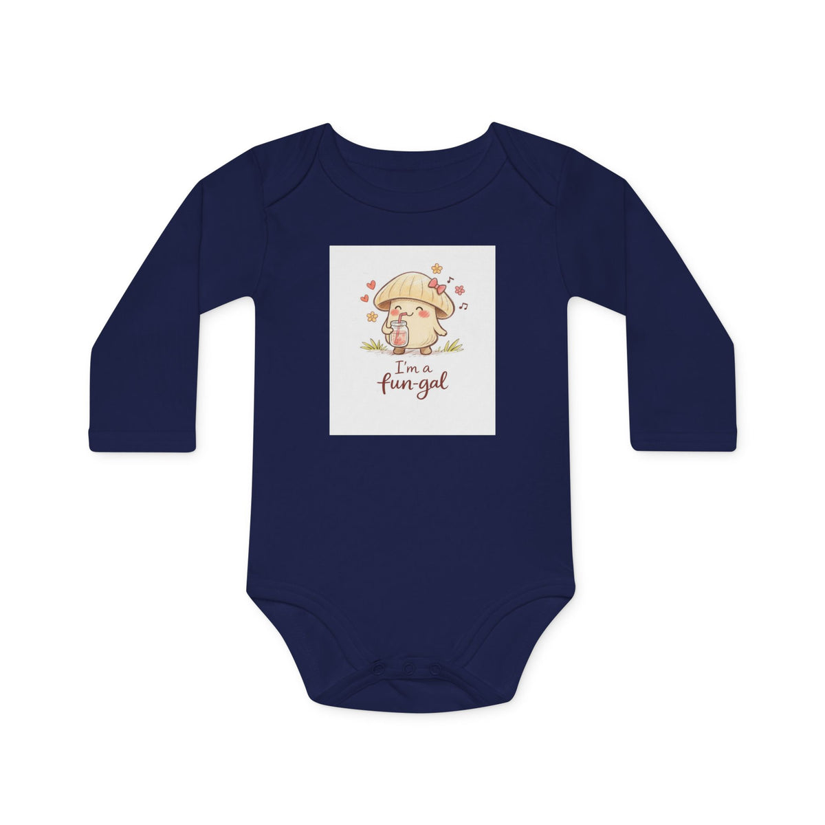 Baby Bodysuit — "I'm a Fun-gal" Cute Mushroom Graphic Organic Long Sleeve (Pink)