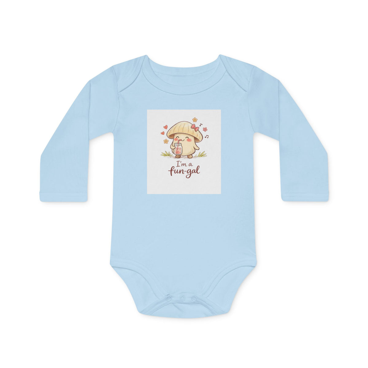 Baby Bodysuit — "I'm a Fun-gal" Cute Mushroom Graphic Organic Long Sleeve (Pink)