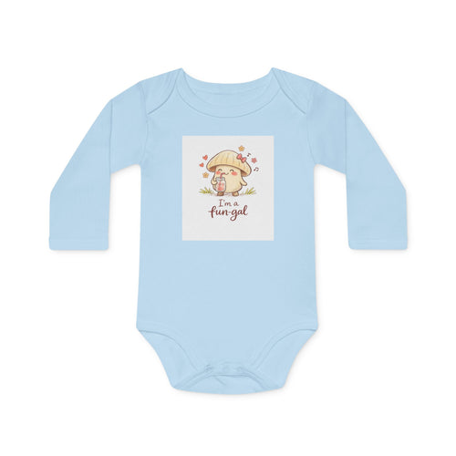Baby Bodysuit — "I'm a Fun-gal" Cute Mushroom Graphic Organic Long Sleeve (Pink)
