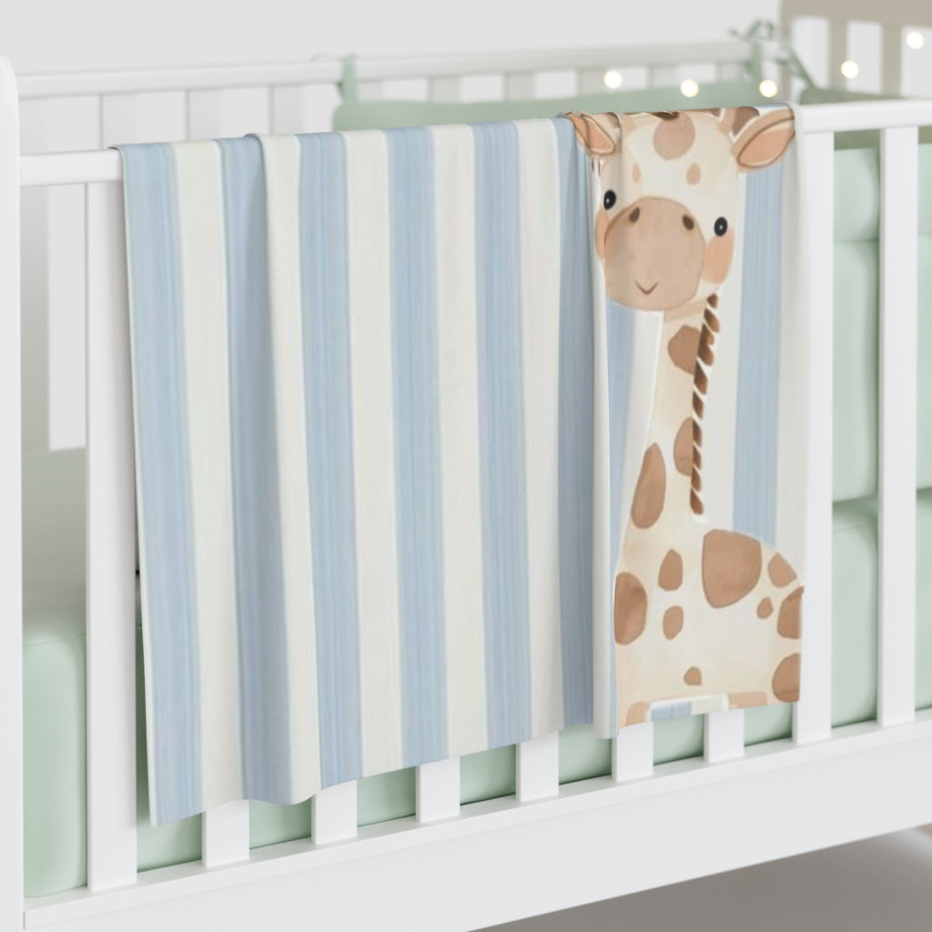 Blue Striped Baby Swaddle Blanket with Stacked Safari Animals (Giraffe, Bear, Bunny)