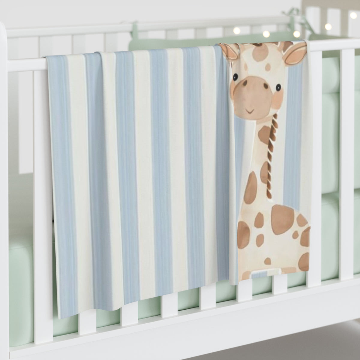 Blue Striped Baby Swaddle Blanket with Stacked Safari Animals (Giraffe, Bear, Bunny)