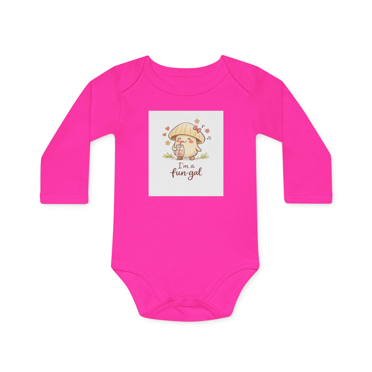 Baby Bodysuit — "I'm a Fun-gal" Cute Mushroom Graphic Organic Long Sleeve (Pink)