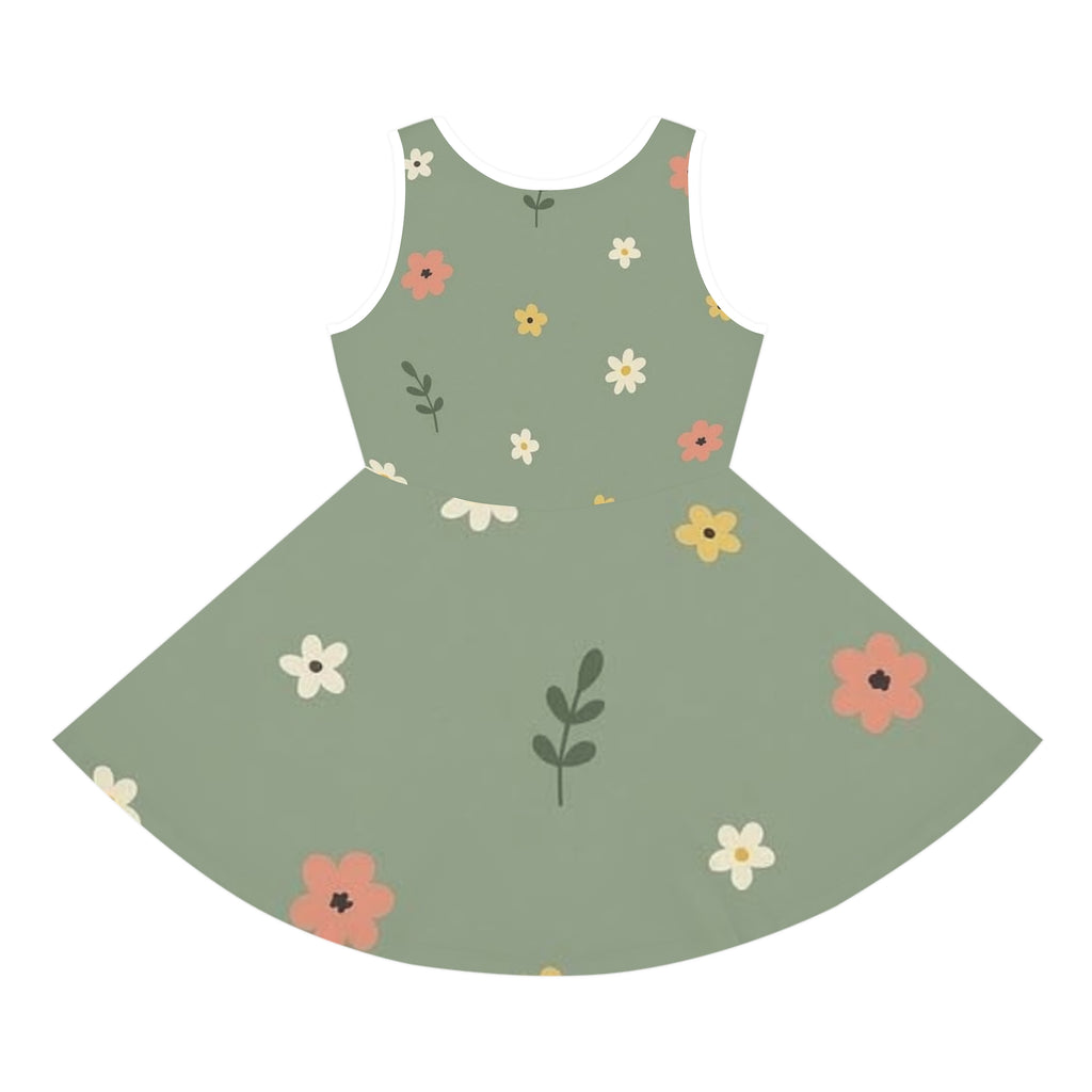 Girls Floral Sundress — Green Casual Summer Dress for Kids