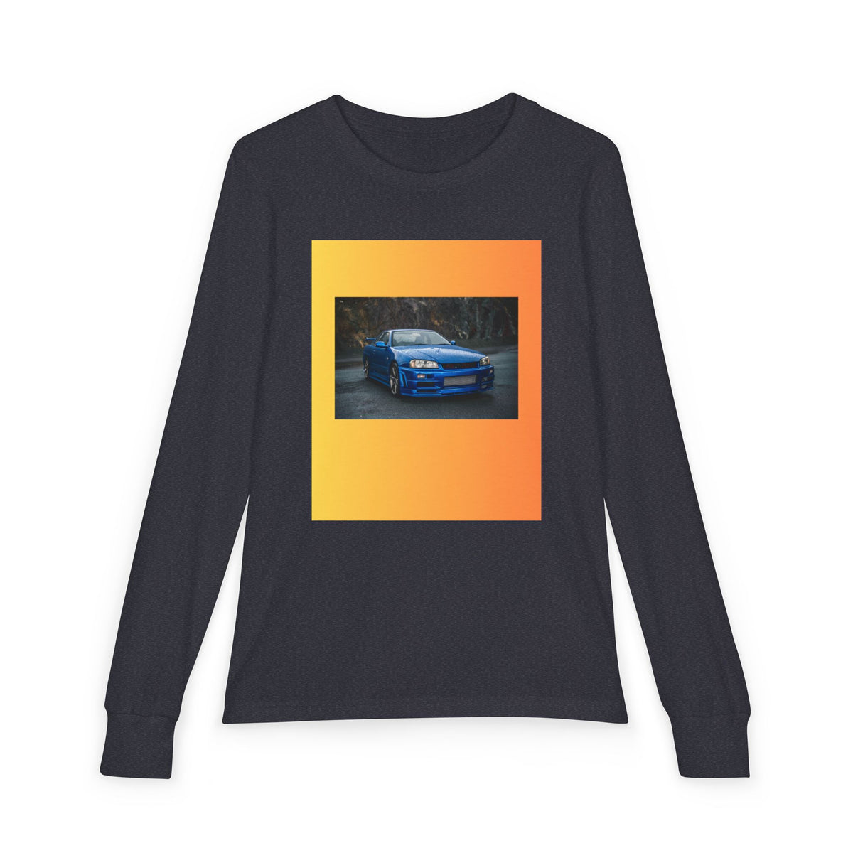 Blue Sports Car Youth Long Sleeve Tee | Racing Print, Gradient Frame
