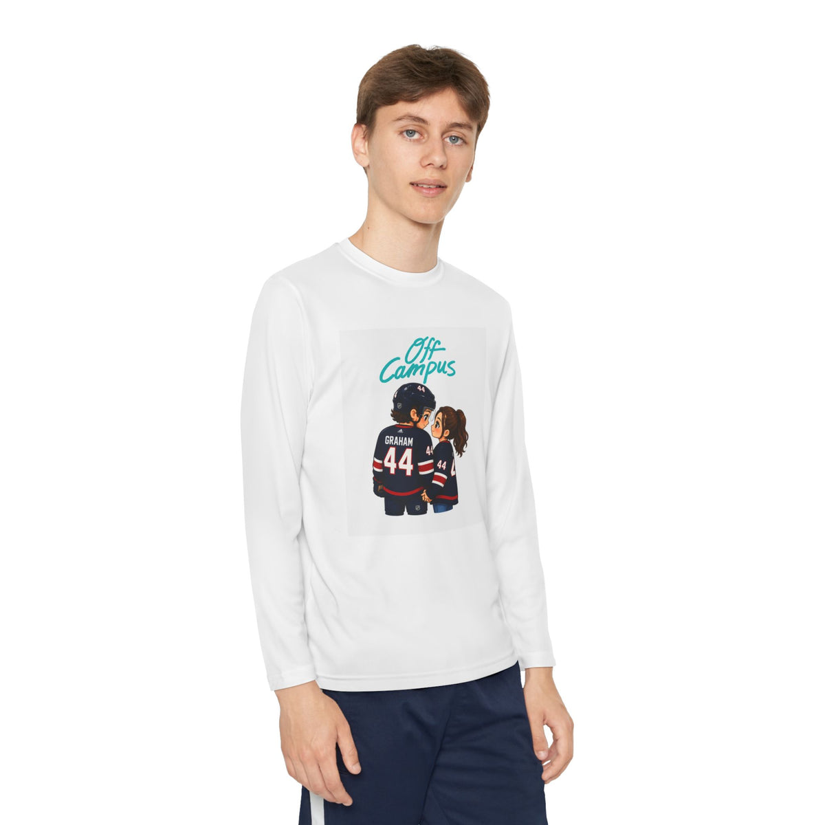 Youth Long Sleeve Tee — 'Off Campus' Hockey Couple Graphic