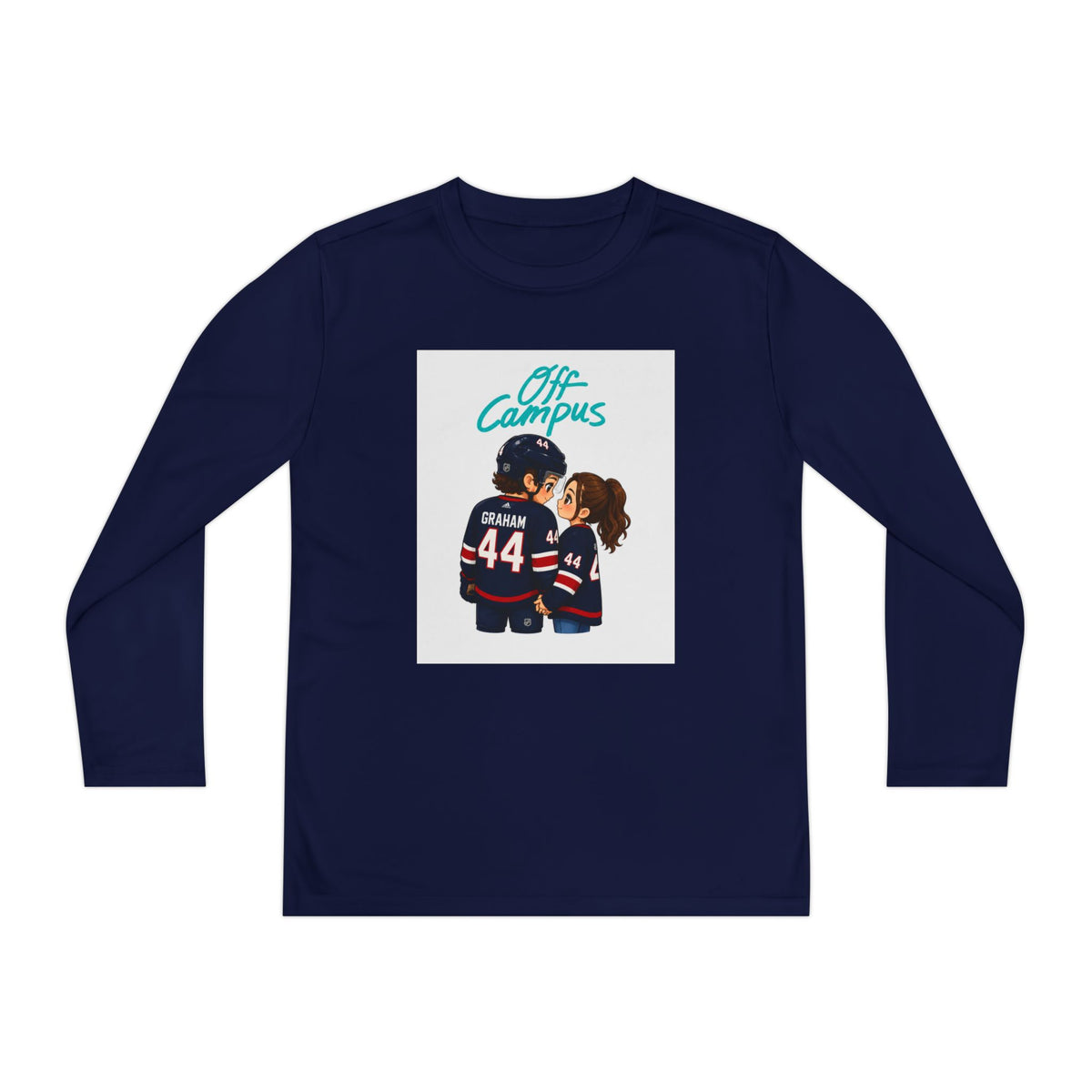 Youth Long Sleeve Tee — 'Off Campus' Hockey Couple Graphic