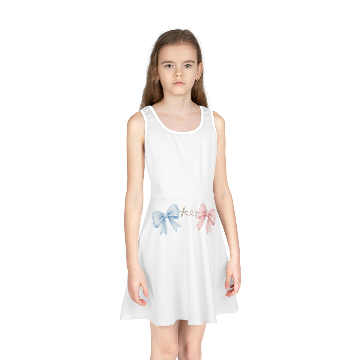Girls' Sleeveless Sundress with Pink & Blue Bow Waistband — Cute Baby Shower or Gender Reveal Dress
