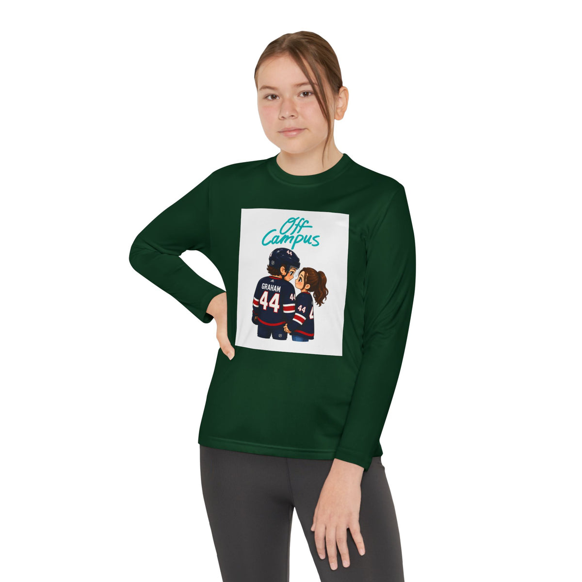 Youth Long Sleeve Tee — 'Off Campus' Hockey Couple Graphic