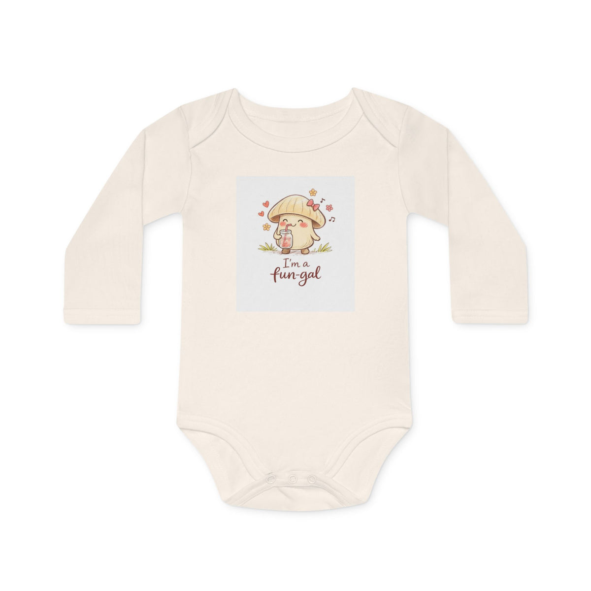 Baby Bodysuit — "I'm a Fun-gal" Cute Mushroom Graphic Organic Long Sleeve (Pink)