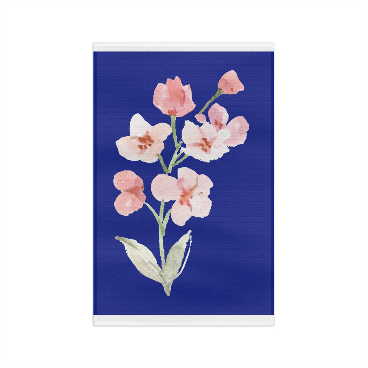 Floral Watercolor Tea Towel — Pink Blossoms on Navy