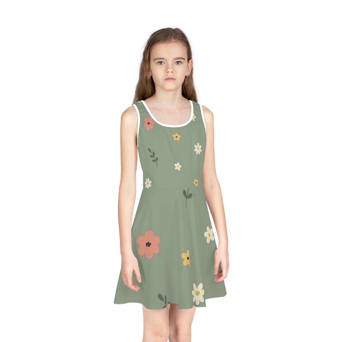Girls Floral Sundress — Green Casual Summer Dress for Kids