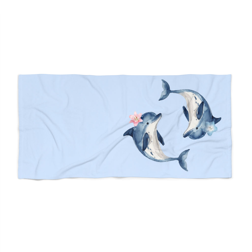 Dolphin Pair Floral Beach Towel — Cute Watercolor Ocean Towel