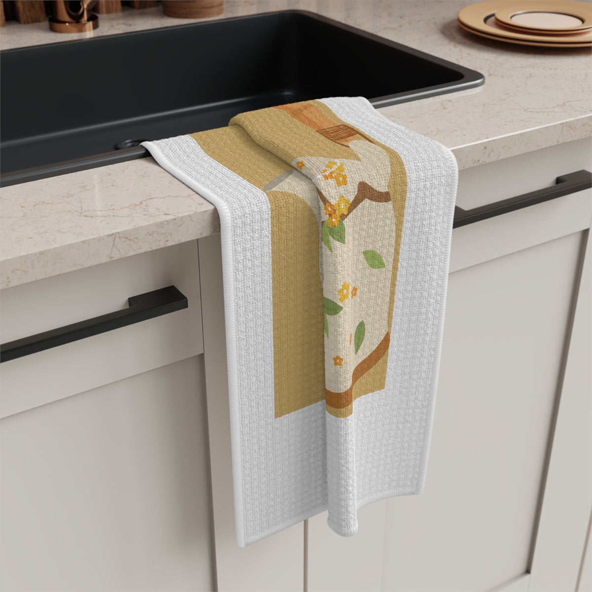 Floral Teapot Microfiber Tea Towel – Vintage Bamboo Handle Kitchen Decor