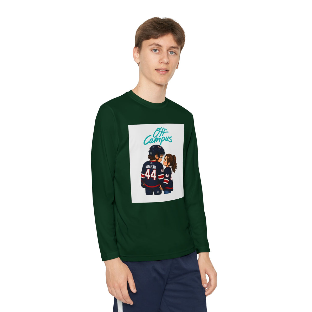 Youth Long Sleeve Tee — 'Off Campus' Hockey Couple Graphic