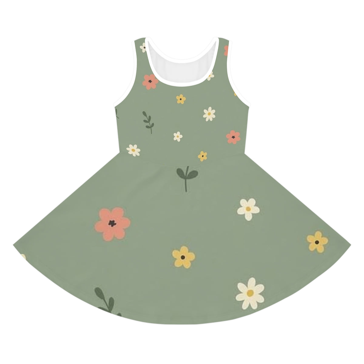Girls Floral Sundress — Green Casual Summer Dress for Kids