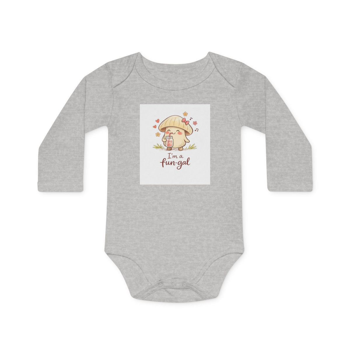 Baby Bodysuit — "I'm a Fun-gal" Cute Mushroom Graphic Organic Long Sleeve (Pink)