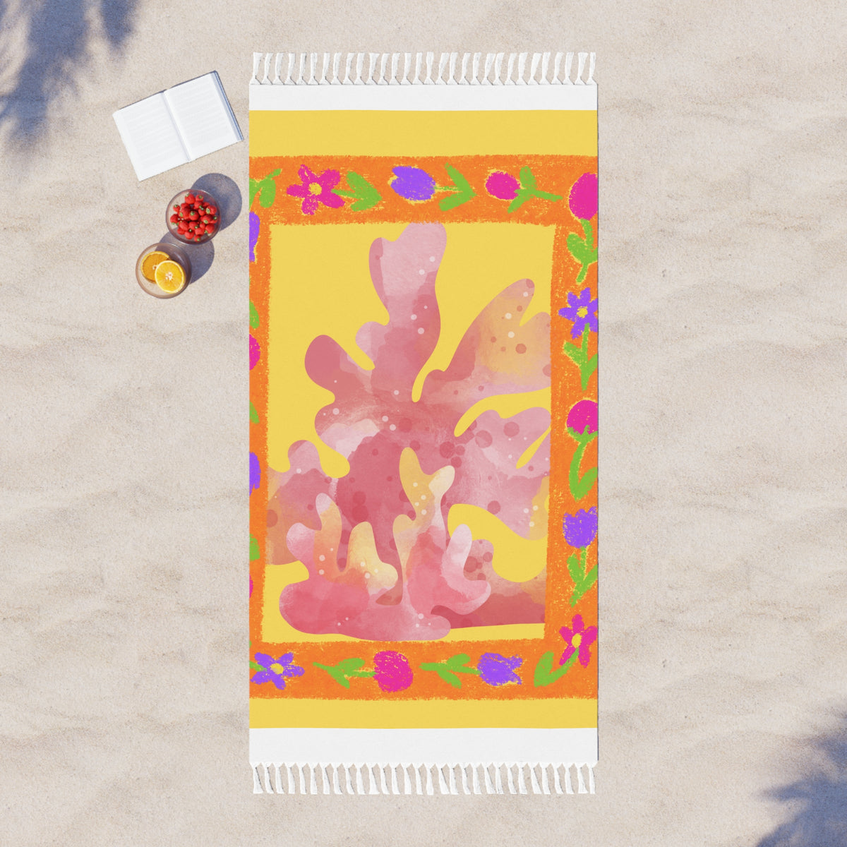 Boho Beach Towel – Tropical Coral Print Fringe Throw