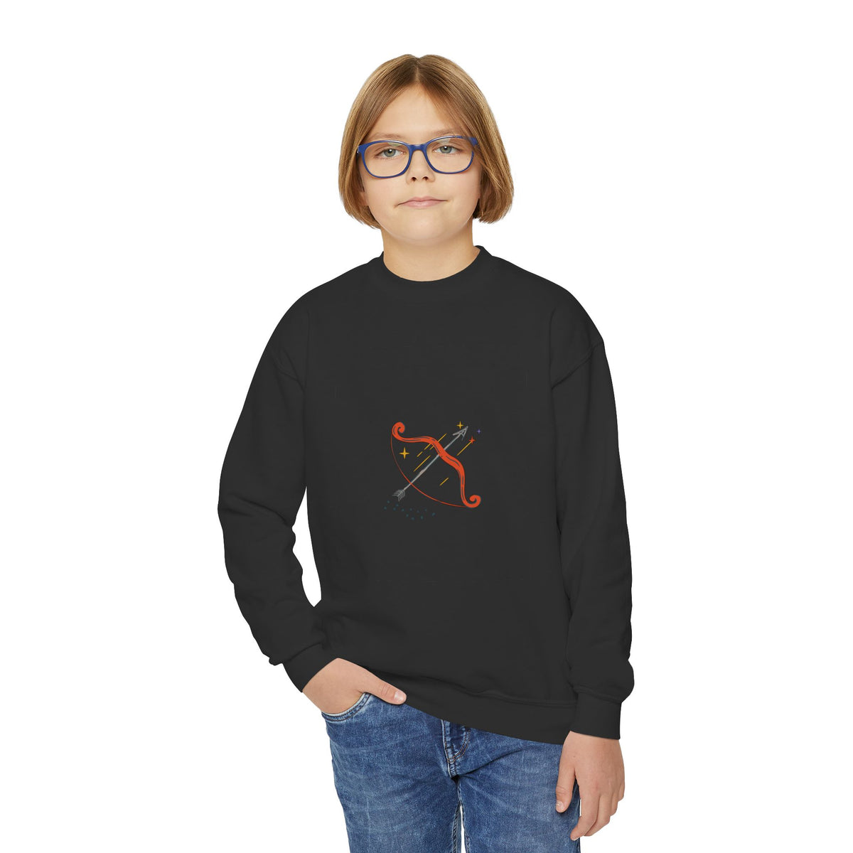 Sagittarius Youth Crewneck Sweatshirt — Orange Bow & Arrow Zodiac Design