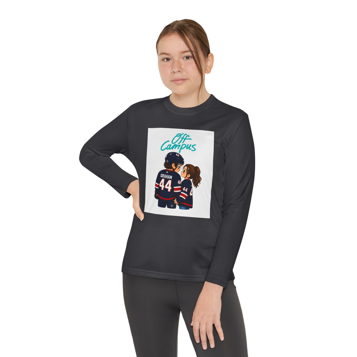 Youth Long Sleeve Tee — 'Off Campus' Hockey Couple Graphic