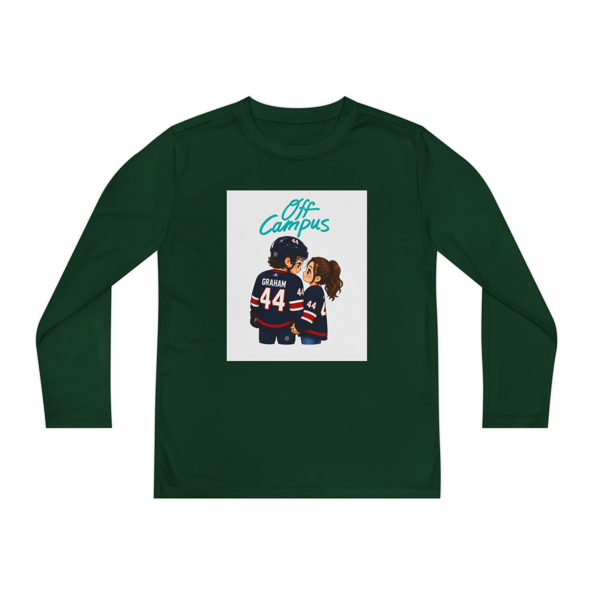 Youth Long Sleeve Tee — 'Off Campus' Hockey Couple Graphic
