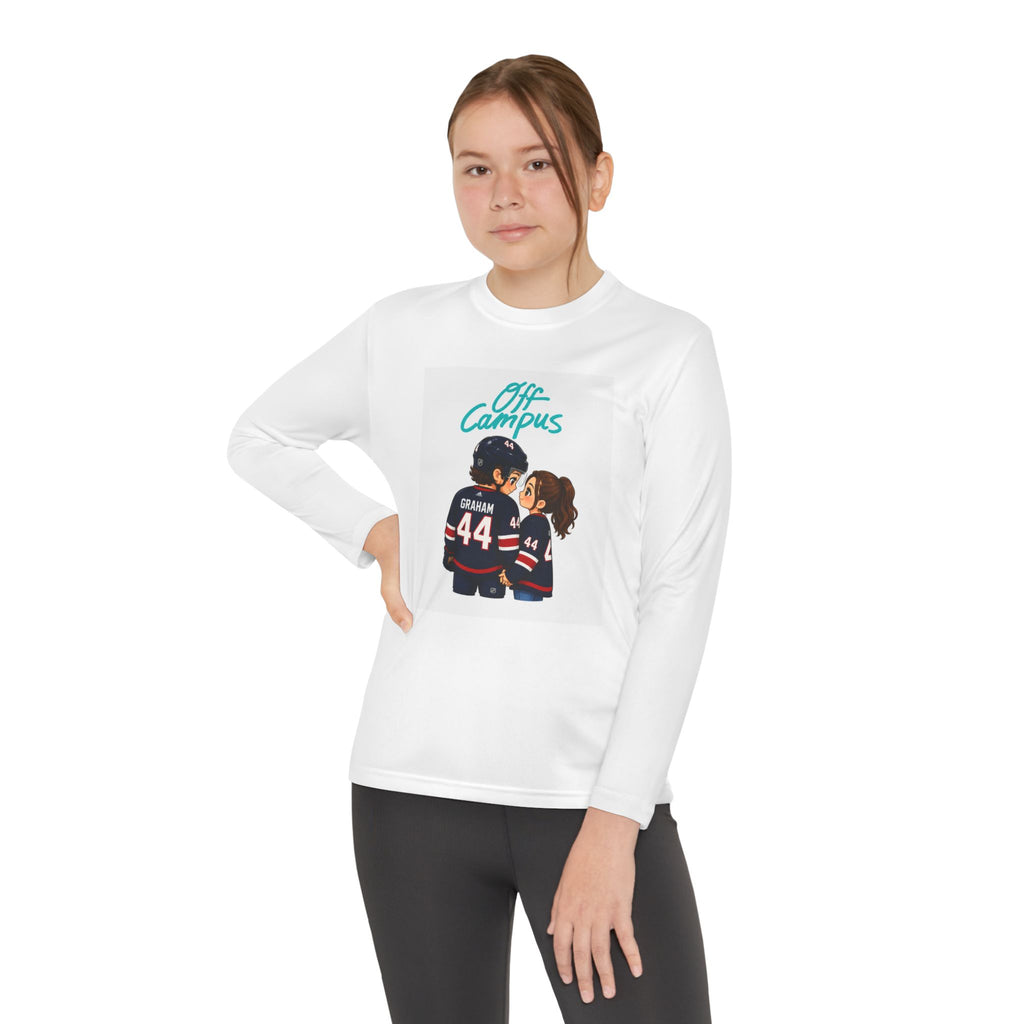 Youth Long Sleeve Tee — 'Off Campus' Hockey Couple Graphic