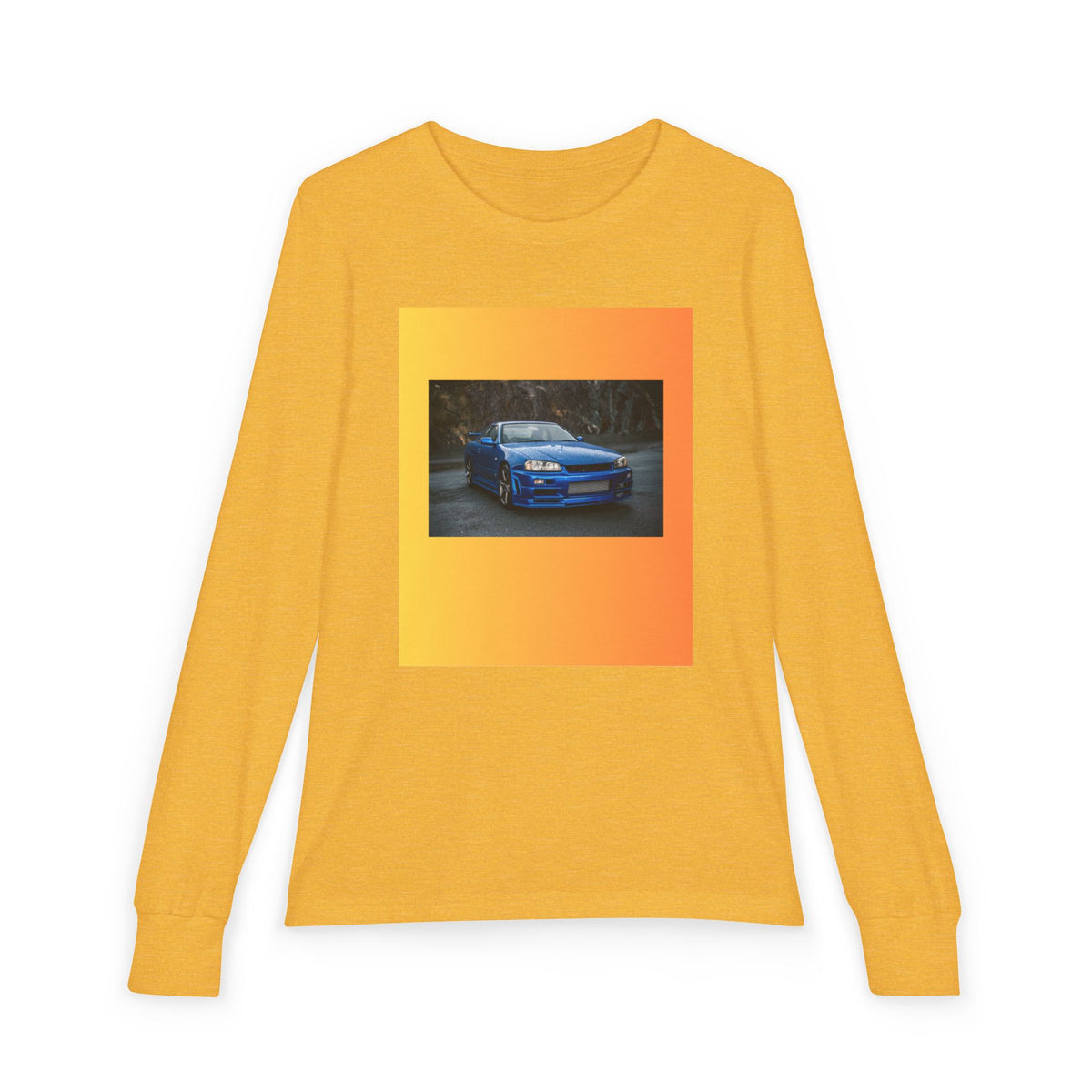 Blue Sports Car Youth Long Sleeve Tee | Racing Print, Gradient Frame