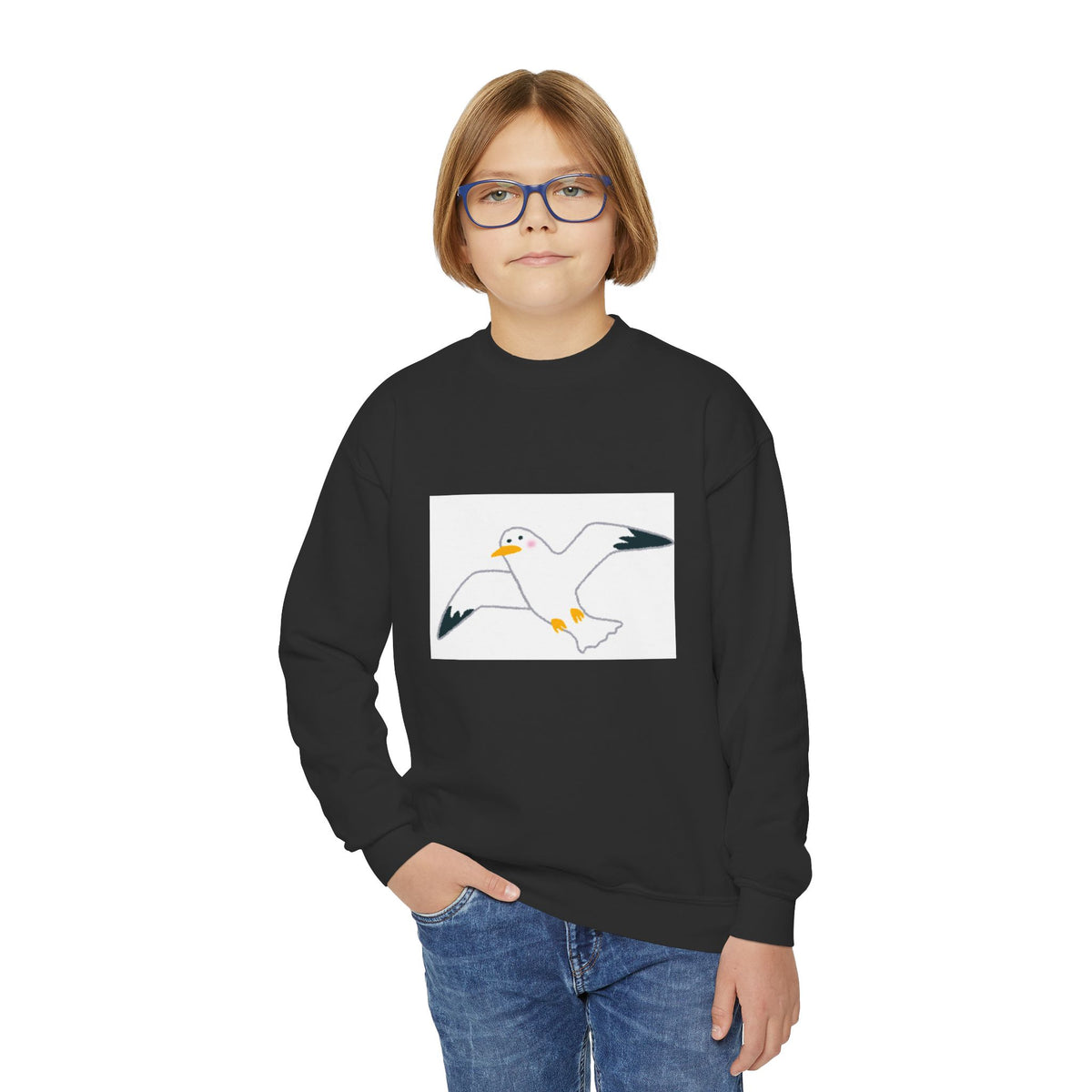 Seagull Illustration Youth Crewneck Sweatshirt | Beach Bird Graphic