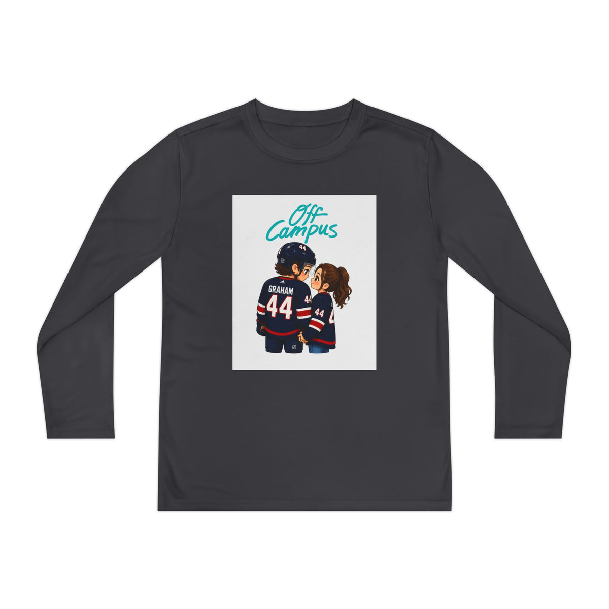 Youth Long Sleeve Tee — 'Off Campus' Hockey Couple Graphic