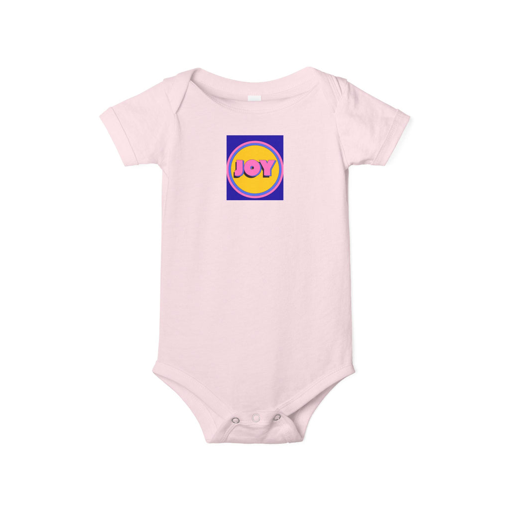 Infant Onesie with Retro "JOY" Badge — Pink Baby Bodysuit, Cute Retro Logo Gift