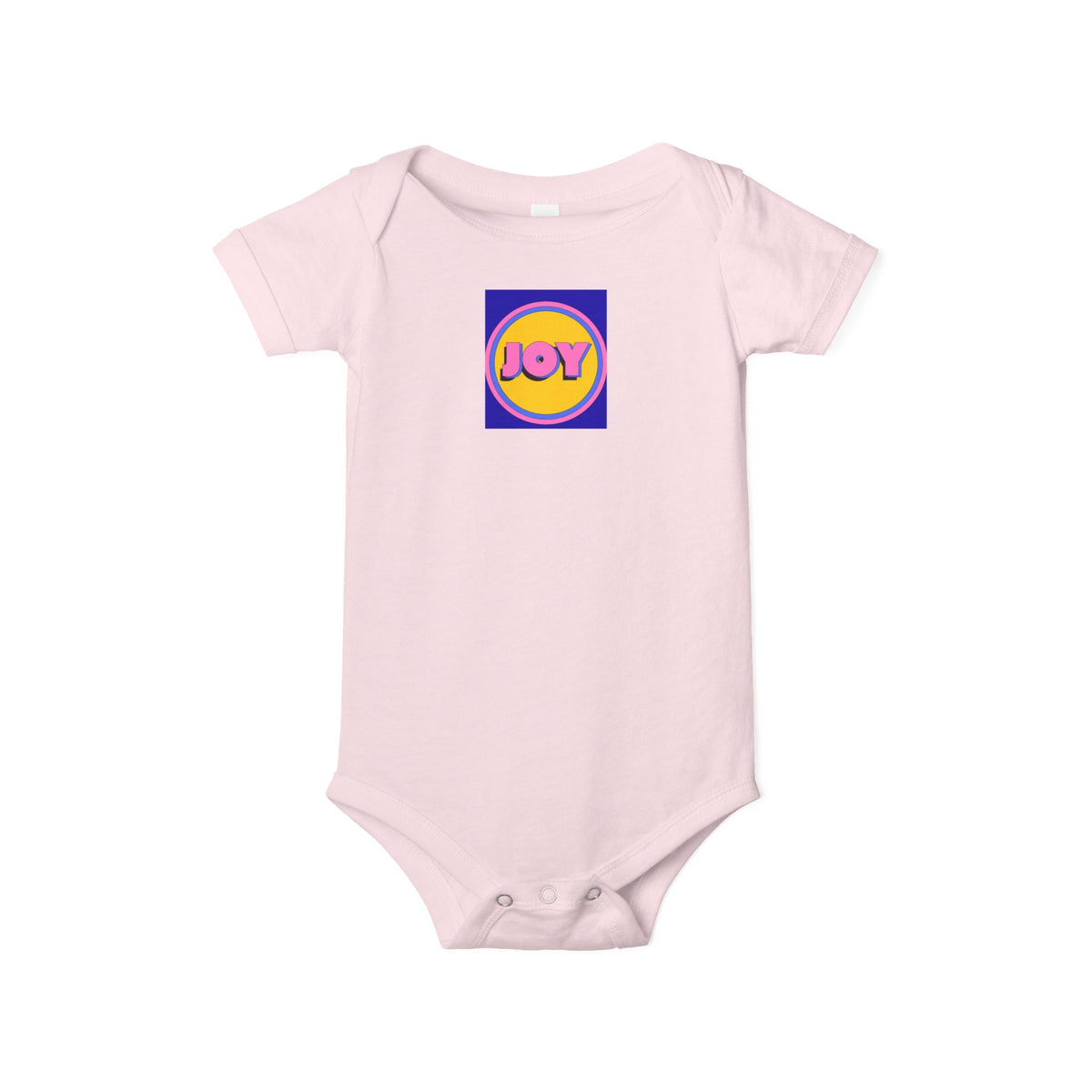 Infant Onesie with Retro "JOY" Badge — Pink Baby Bodysuit, Cute Retro Logo Gift
