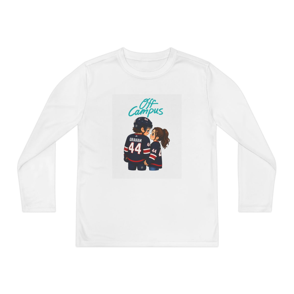 Youth Long Sleeve Tee — 'Off Campus' Hockey Couple Graphic