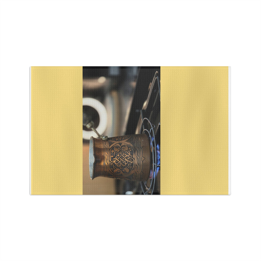 Turkish Coffee Cezve Microfiber Tea Towel — Rustic Copper Espresso Brewing Photo