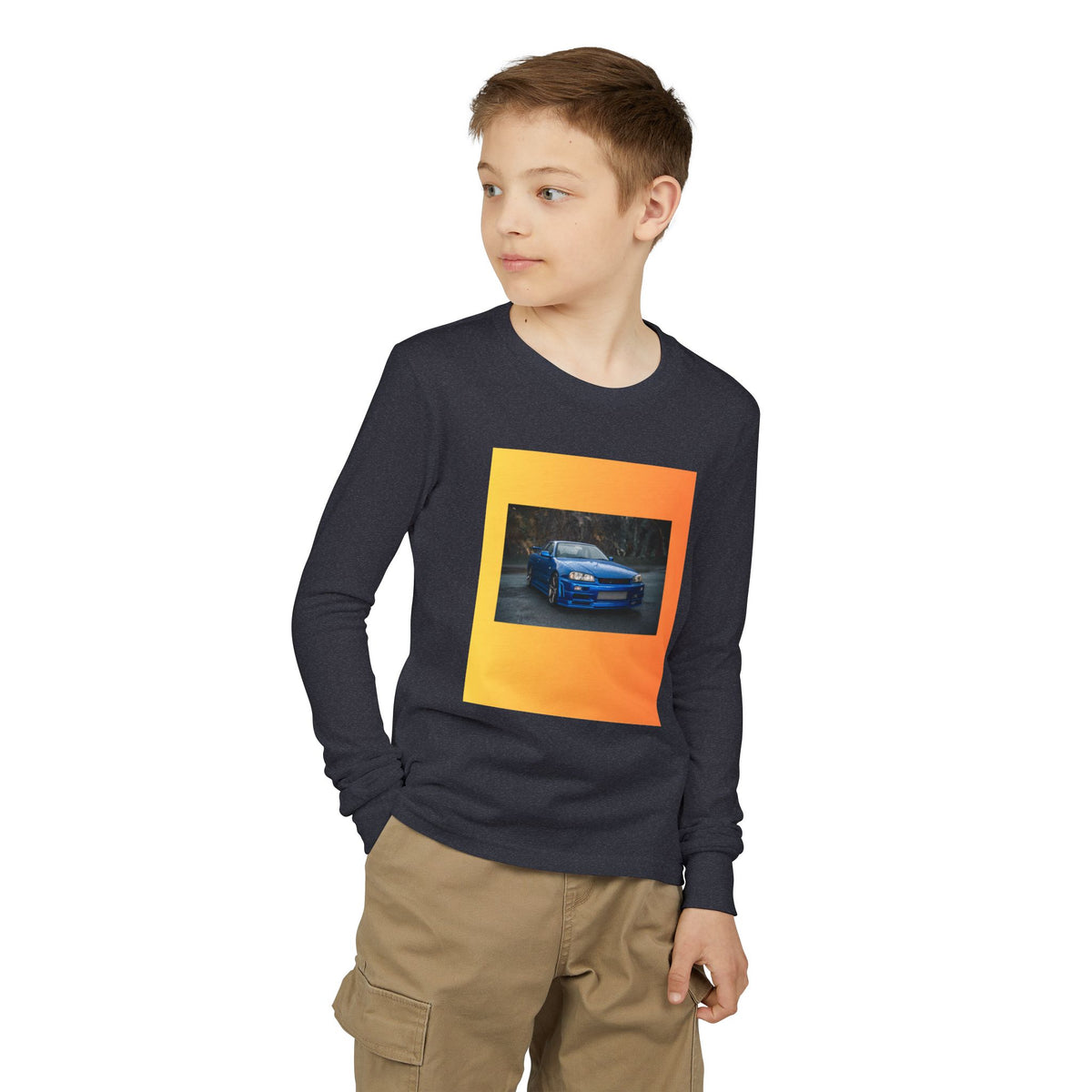 Blue Sports Car Youth Long Sleeve Tee | Racing Print, Gradient Frame