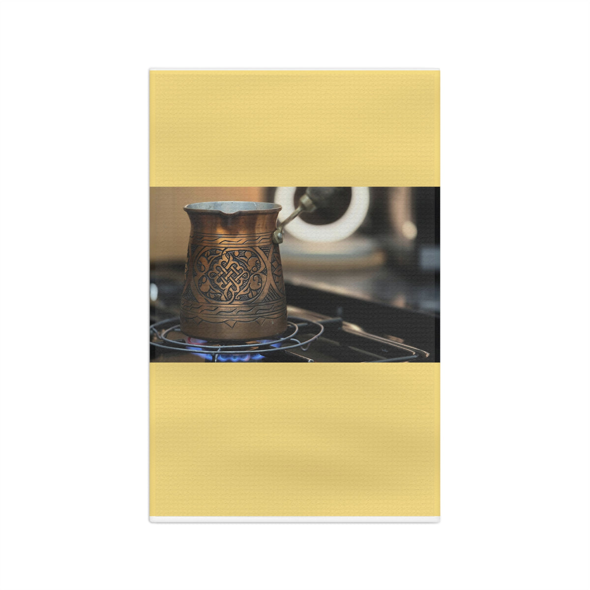 Turkish Coffee Cezve Microfiber Tea Towel — Rustic Copper Espresso Brewing Photo