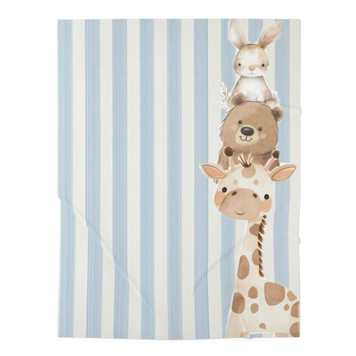 Blue Striped Baby Swaddle Blanket with Stacked Safari Animals (Giraffe, Bear, Bunny)