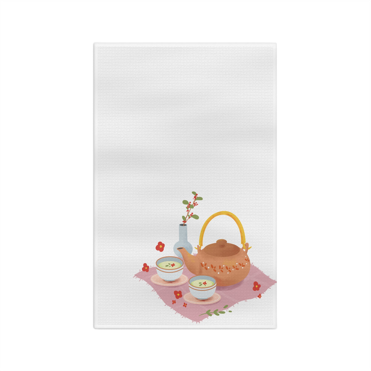 Tea Time Microfiber Tea Towel — Floral Teapot & Cups Kitchen Towel