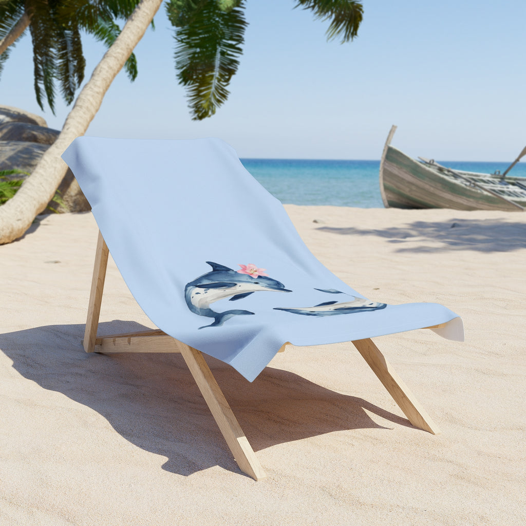Dolphin Pair Floral Beach Towel — Cute Watercolor Ocean Towel