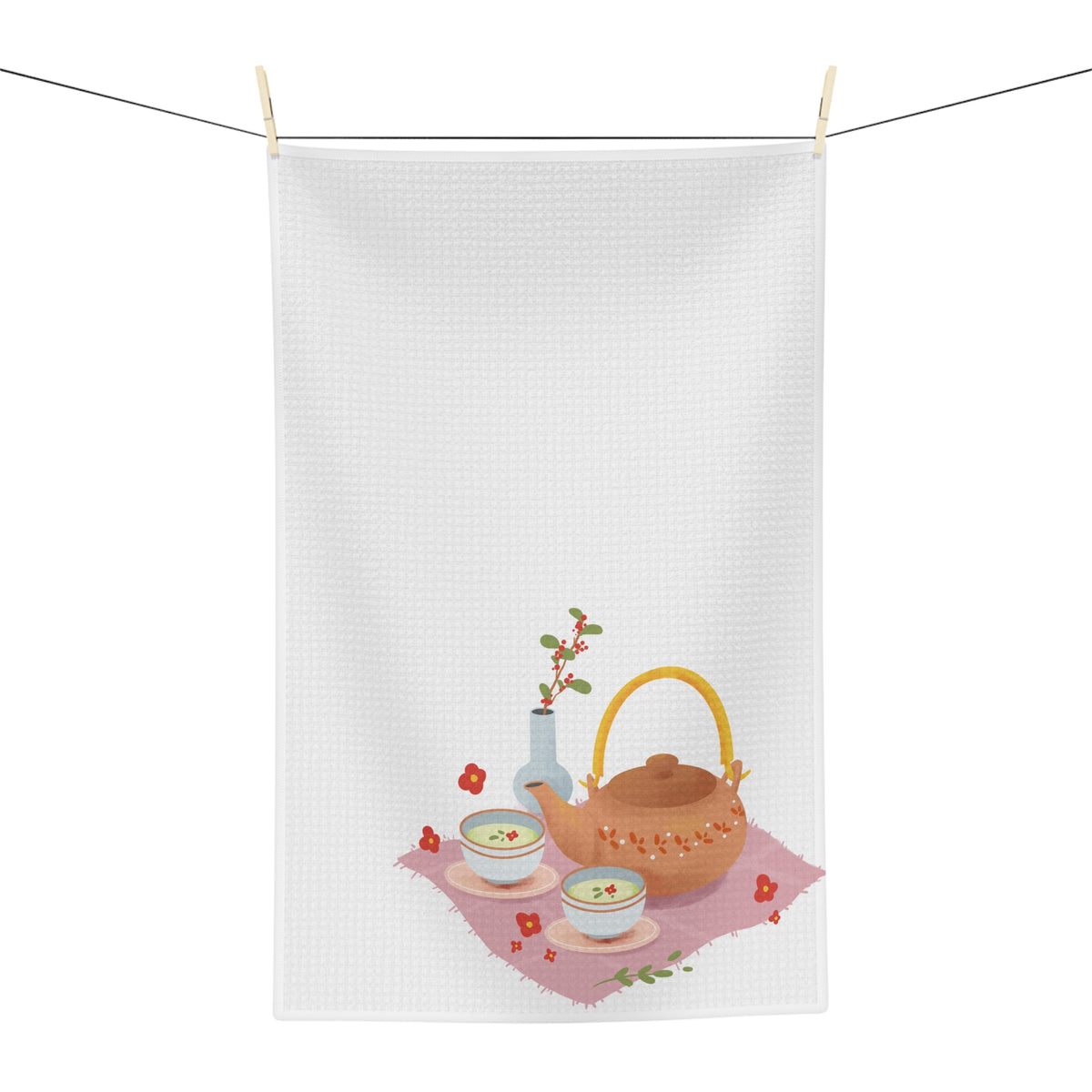 Tea Time Microfiber Tea Towel — Floral Teapot & Cups Kitchen Towel