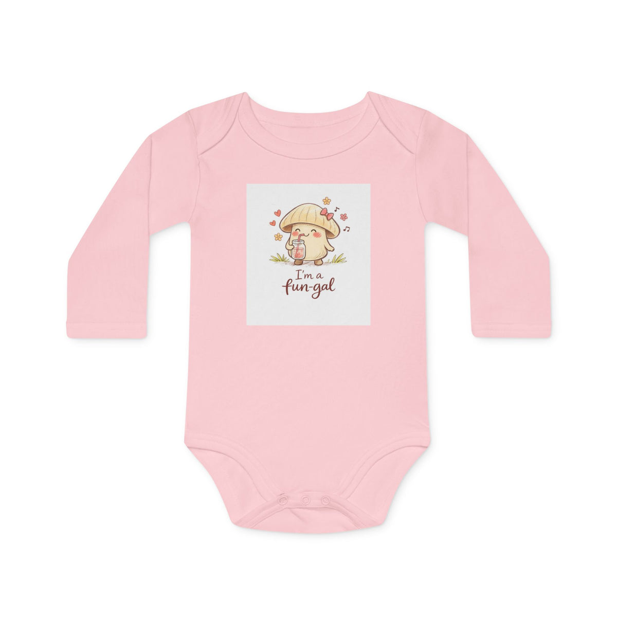 Baby Bodysuit — "I'm a Fun-gal" Cute Mushroom Graphic Organic Long Sleeve (Pink)
