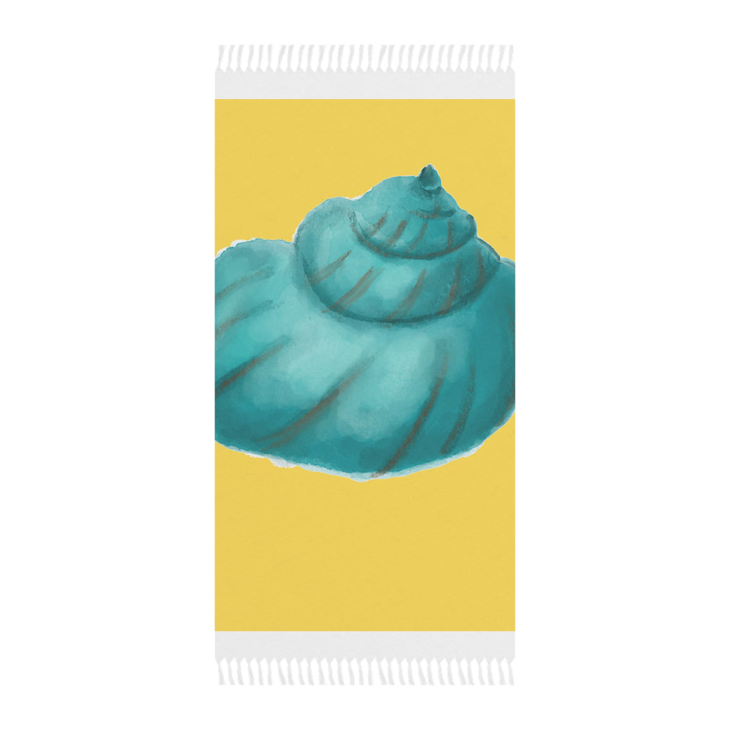 Boho Seashell Beach Towel — Turquoise Shell on Yellow/Natural Cotton Fringe
