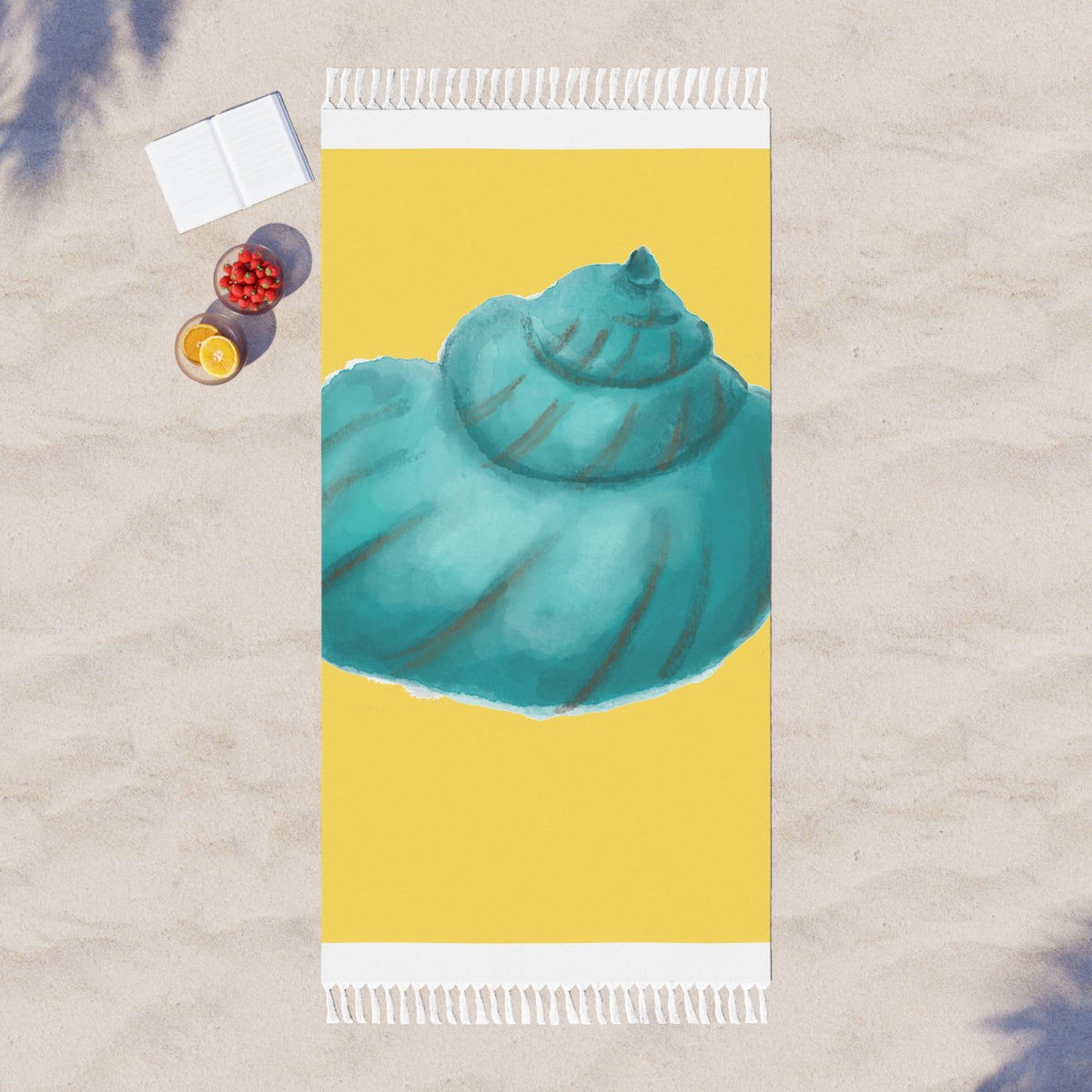 Boho Seashell Beach Towel — Turquoise Shell on Yellow/Natural Cotton Fringe