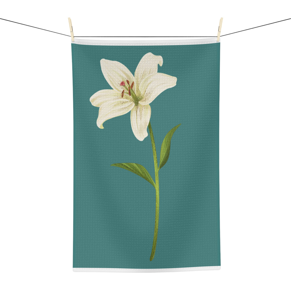 White Lily Floral Tea Towel — Botanical Microfiber Kitchen Towel
