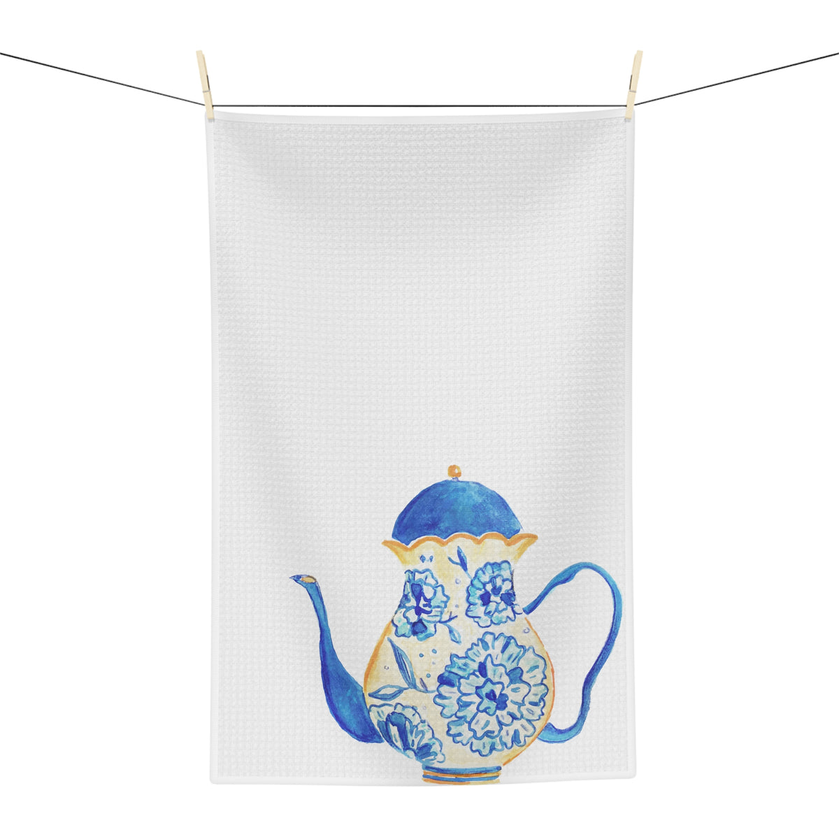 Blue Floral Teapot Microfiber Tea Towel — Watercolor Kitchen Décor