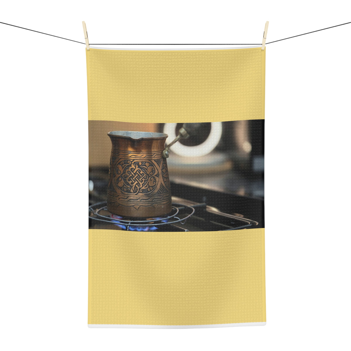 Turkish Coffee Cezve Microfiber Tea Towel — Rustic Copper Espresso Brewing Photo