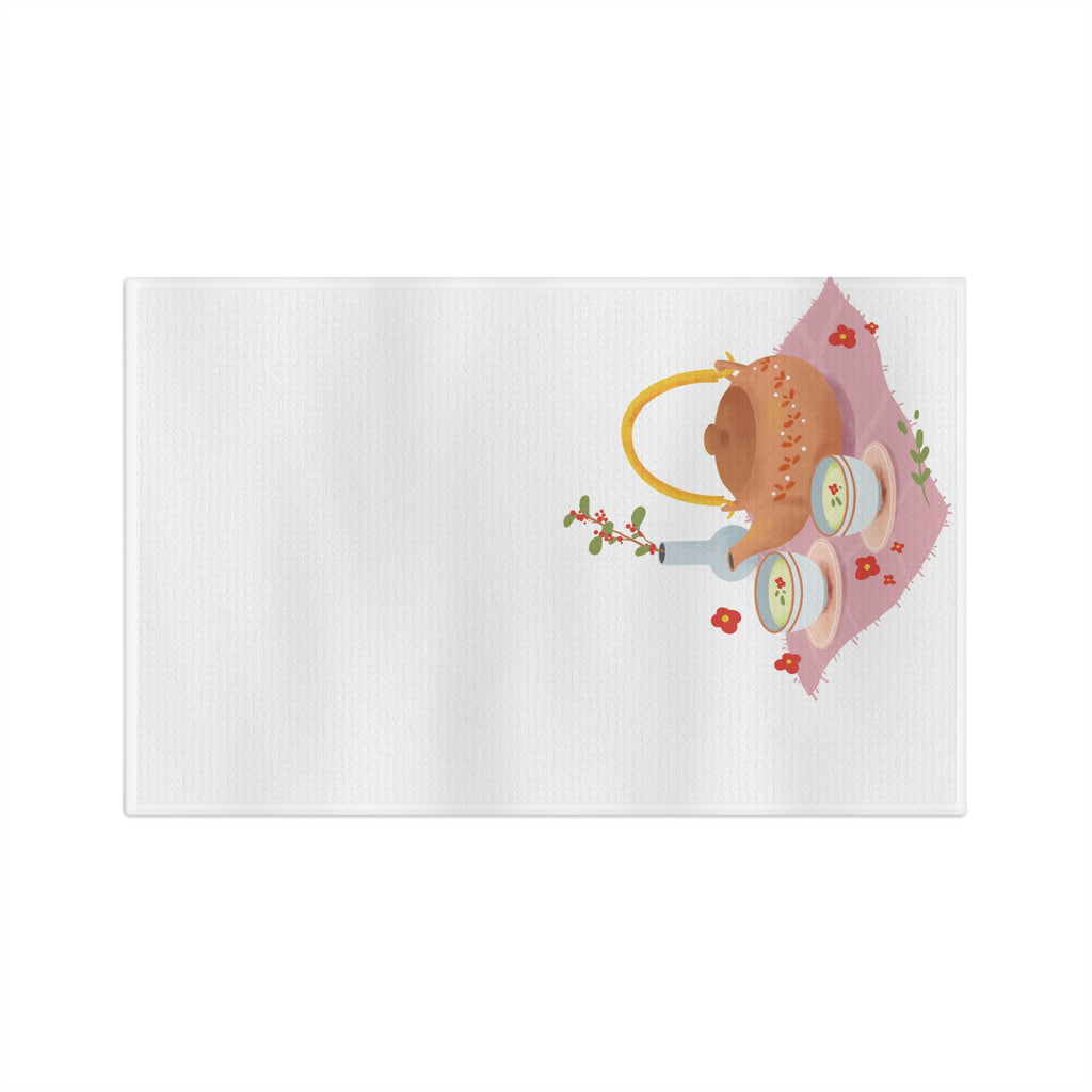 Tea Time Microfiber Tea Towel — Floral Teapot & Cups Kitchen Towel